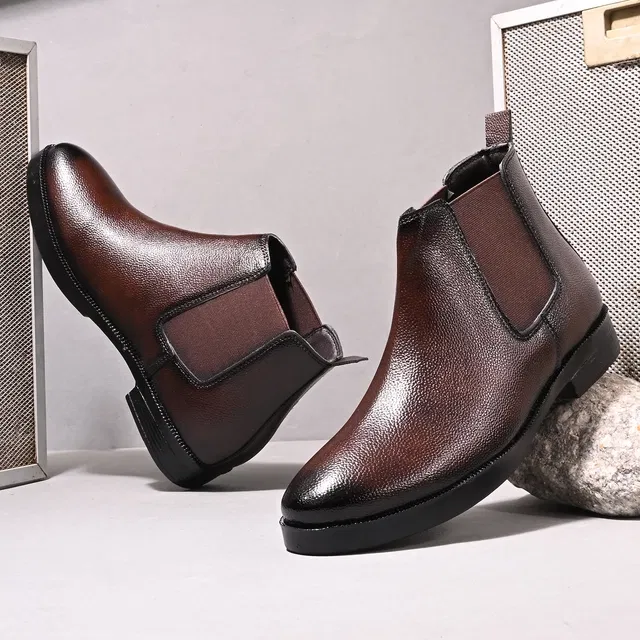Solid Heeled Boots for Men, Synthetic Leather (Brown, 8)