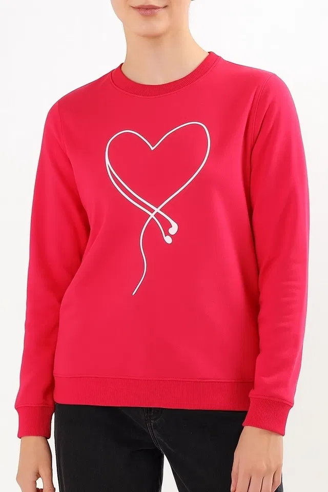 Women's Chest Print Long Sleeve Round Neck Hoodie (Red-L)