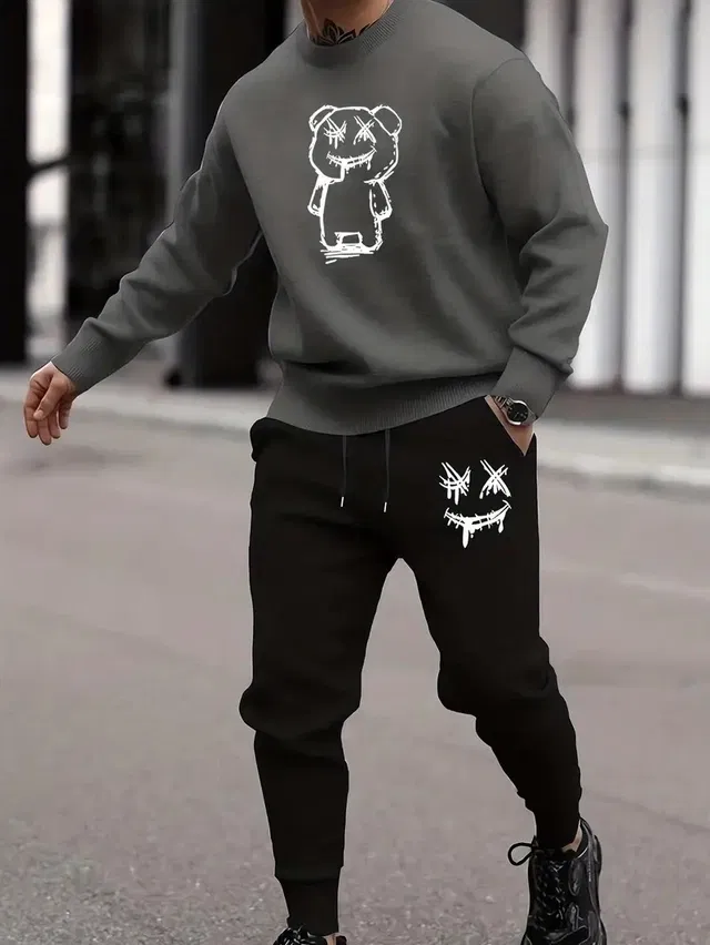 Fleece Printed Tracksuit for Men (Black & Grey, XXL)