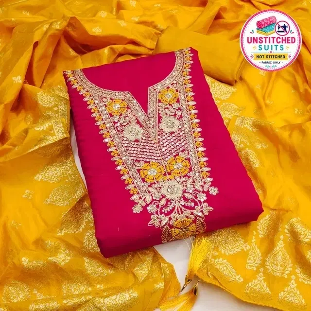 Chanderi Cotton Embroidered Unstitched Suit Fabric, Pink