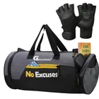 Polyester Duffle Gym Bag with Hand Gloves for Men & Women (Black & Grey, Set of 2)