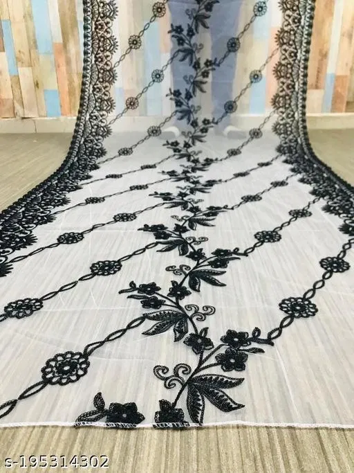 Botanical Aari Work Embroidered Net Dupatta for Women (Black, Free Size)