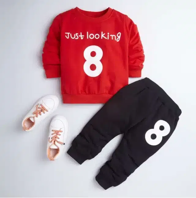 Hosiery Printed Top & Bottom Set for Kids (Red & Black, 18-24 Months)