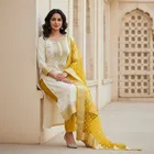 Cotton Silk Embellished Unstitched Suits Fabric for Women, Beige & Yellow