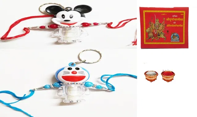 Plastic Doremon and Mickey Light Rakhi with Sri Durga Chalisa (Multicolor, Pack of 3)
