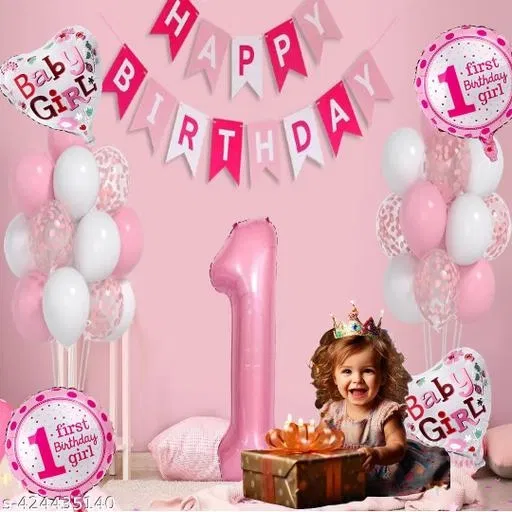 32 Pcs 1st Birthday Decoration Combo Kit for Girls, Multicolour, Set of 1