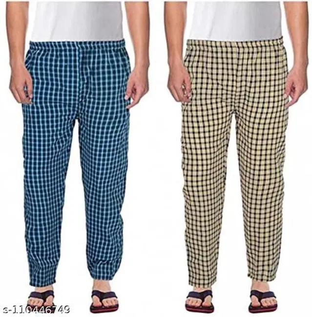 Cotton Trousers for Mens (Blue & Yellow, M) (Pack of 2)
