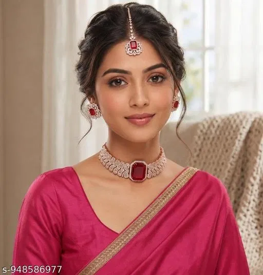 Rose Gold Partywear Choker Set for Women (Maroon, Free Size)