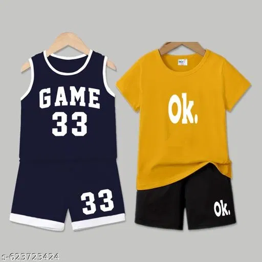 Cotton Blend Printed Clothing Set for Boys, Navy & Mustard, Pack Of 2 (2-3 Years)
