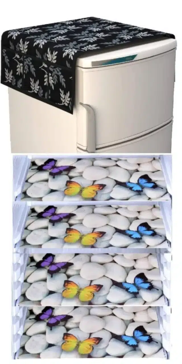 Knit Printed Fridge 4 Pcs Mat with Top Cover (Black, Set of 1)