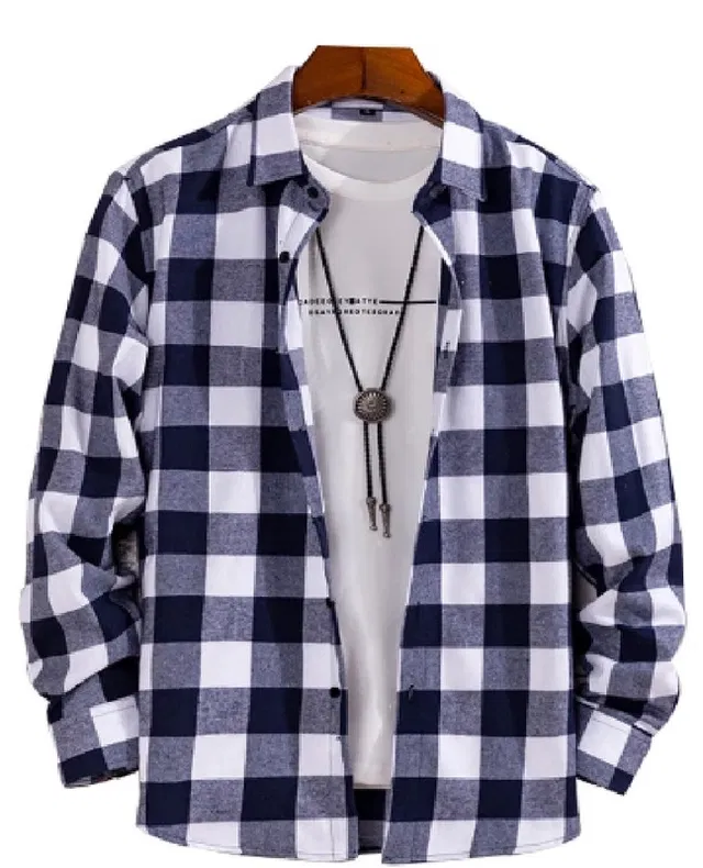 Full Sleeves Checkered Shirt for Men (Blue & White, XXL)