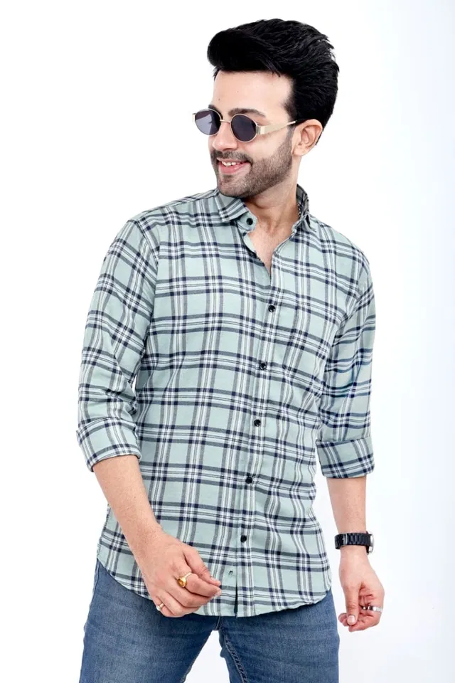 Cotton Blend Checked Shirt for Men, Light Green (L)
