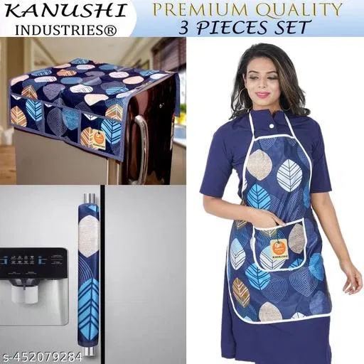 KANUSHI Industries® 1Pc Fridge Cover for Top with 6 Utility Pockets + 1 Pc Apron + 1Pc Fridge Handle Cover (RK-FRI+APRON+1-HANDLE-BLUE-LONG-LEVS).....