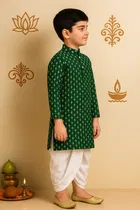 Dupion Silk Printed Kurta with Dhoti for Boys, Bottle Green & White 