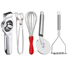 Stainless Steel Lemon Squeezer & Pakkad & Egg Whisk & Pizza Cutter & Potato Masher For Kitchen 