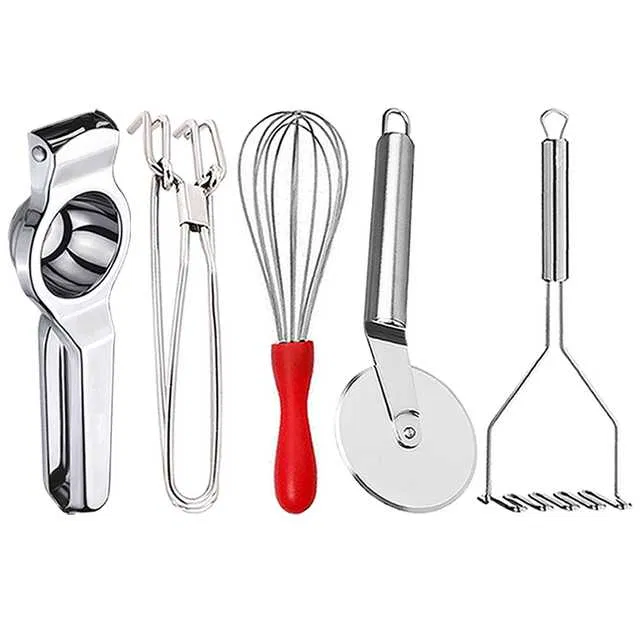 Stainless Steel Lemon Squeezer & Pakkad & Egg Whisk & Pizza Cutter & Potato Masher For Kitchen (Set of 5) (OC-069)