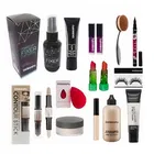 Combo of Fixer, Primer, Shimmer Liquid Highlighter, Foundation, Concealer, Compact Powder, Washable Puff, Contour , 2 Pcs Lipstick & Eye Lashes for Women 