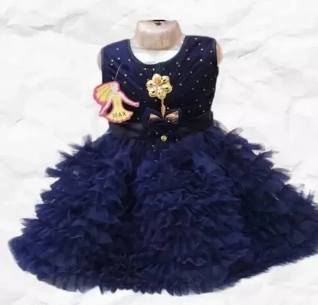 Cotton Blend Frock for Girls (Navy Blue, 0-3 Months)