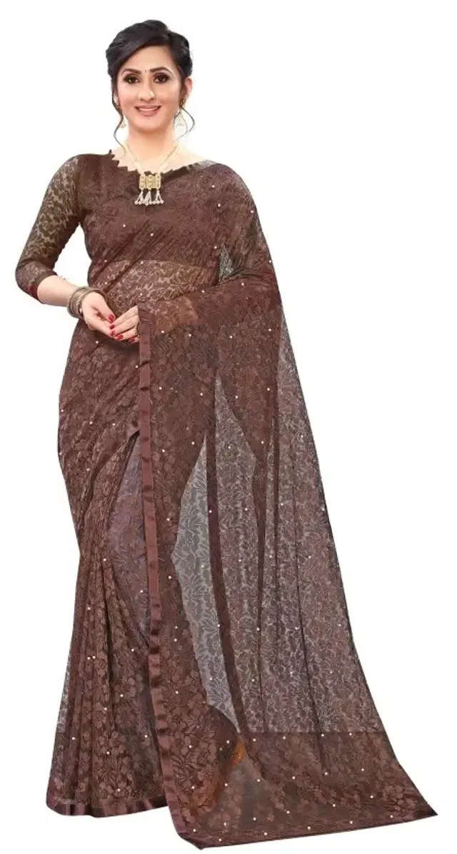 Net Solid Saree for Women (Brown, 6.3 m)