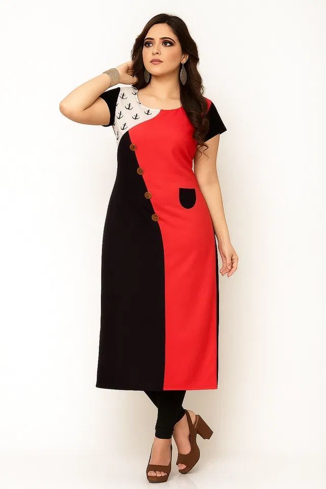 Crepe Printed Kurti for Women (Multicolor, L)