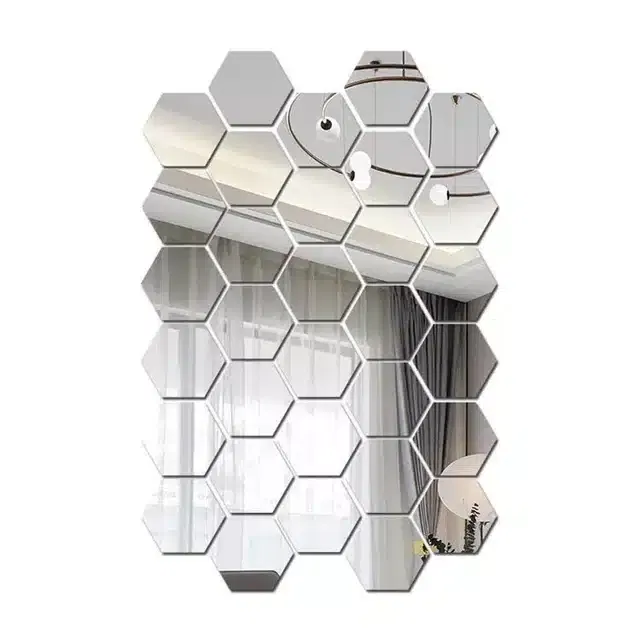 Acrylic Hexagon Shaped Wall Mirror Stickers (Silver, Pack of 32)