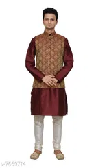 Dupion Silk Solid Kurta with Pyjama & Jacket for Men 