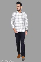 Cotton Blend Checked Shirt for Men, White 