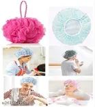 Bath Shower Loofahs with Elastic Reusable Bathing Hair Cap for Women (Pink & Aqua Green, 2 Pcs)