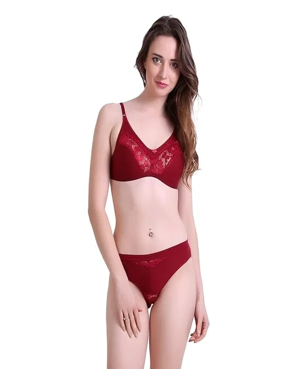 Cotton Blend Lingerie Set for Women (Maroon, 32)