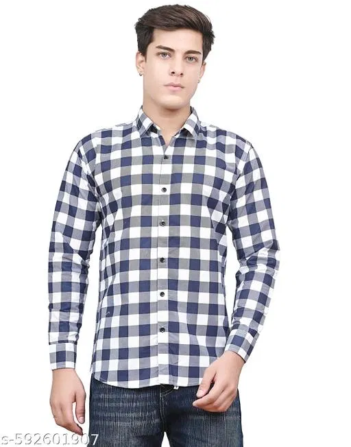 Cotton Blend Checked Shirt for Men, Navy Blue (L)