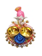 Metal Decorative Ganpati Haldi Kumkum Stand with 2 Roli Chawal Holder, Multicolor
