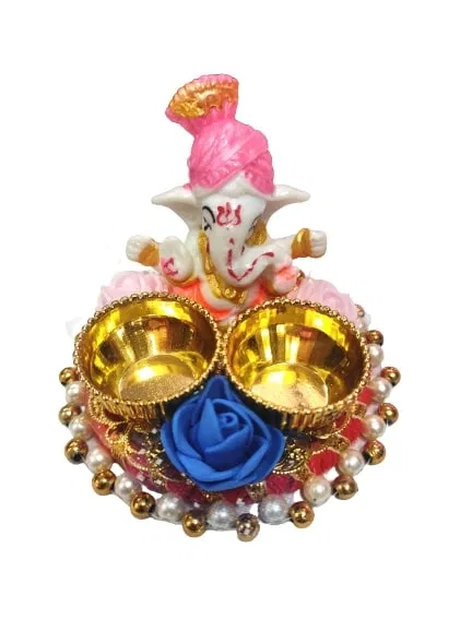 Metal Decorative Ganpati Haldi Kumkum Stand with 2 Roli Chawal Holder, Multicolor