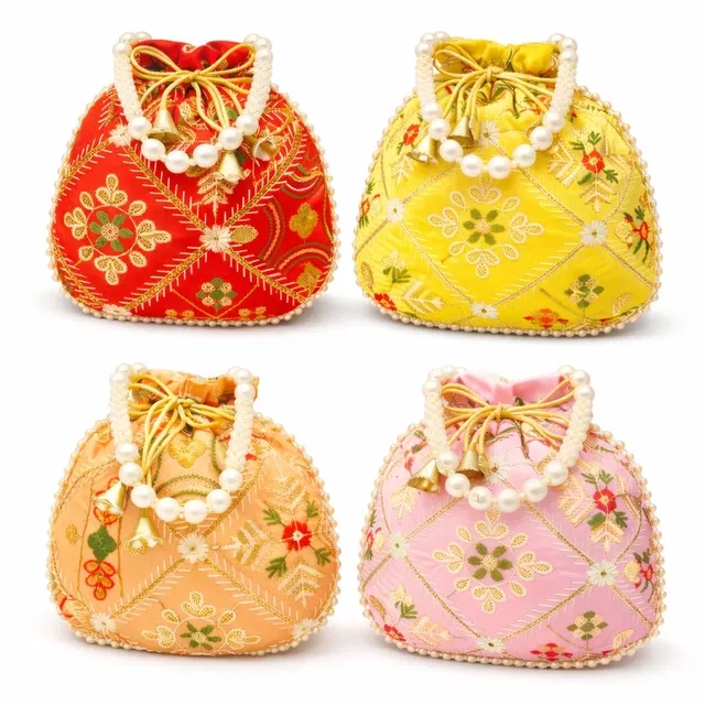 Handcrafted Embroidered Silk Potli Bag, Multicolour, Pack of 4