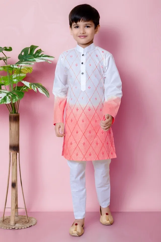 Cotton Embroidery Kurta with Payjama for Boys, Pink & White (8-9 Years)