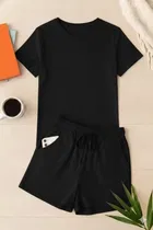 Cotton Blend Solid Top & Bottom Set for Women, Black 