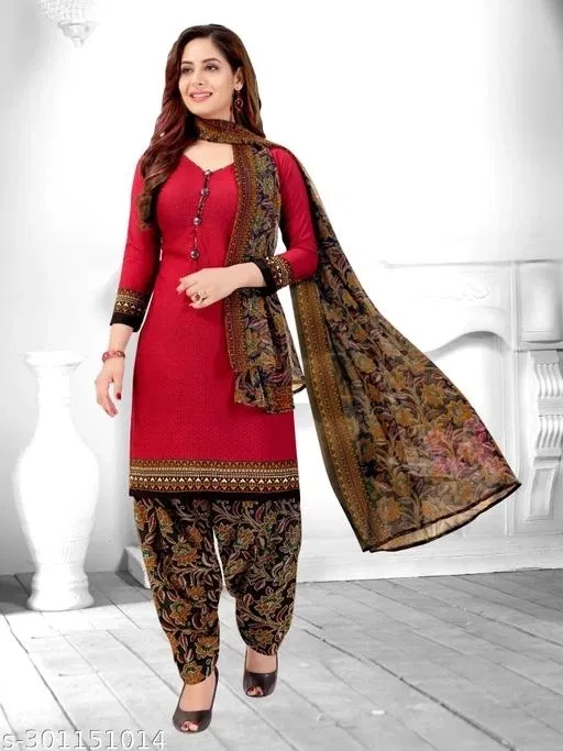Cotton Printed Salwar Suit for Women (Red, XL)