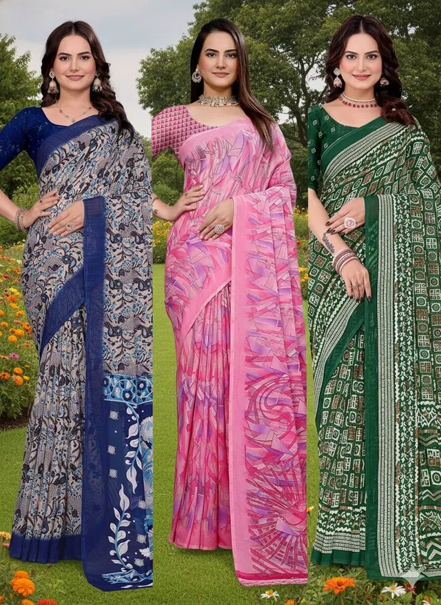 Georgette Printed Saree for Women, Multicolor, Pack of 3 (6.3 m)