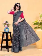 Linen Zari Checks Bandhani Printed Organza Saree for Women 