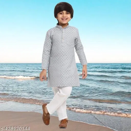 Cotton Blend Kurta with Pyjama for Boys (Grey & White, 15-16 Years)