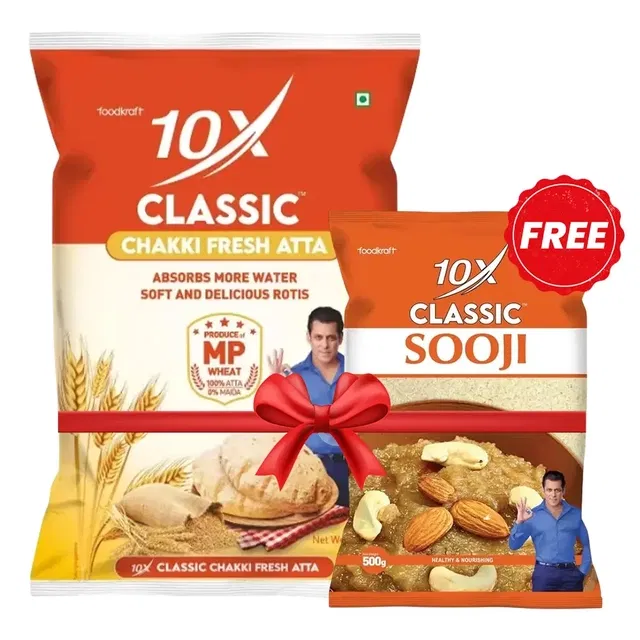 ख़रीदे 10X क्लासिक चक्की फ्रेश आटा 10 kg और पाएं 10X क्लासिक सूजी 500 g फ्री