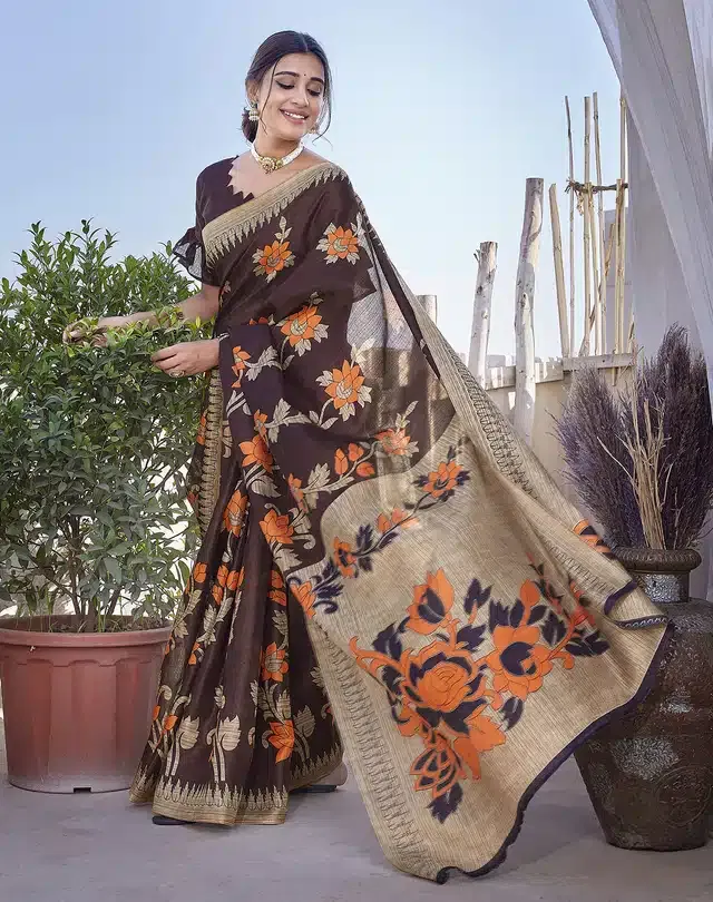Art Silk Printed Saree for Women (Brown, 6 m)