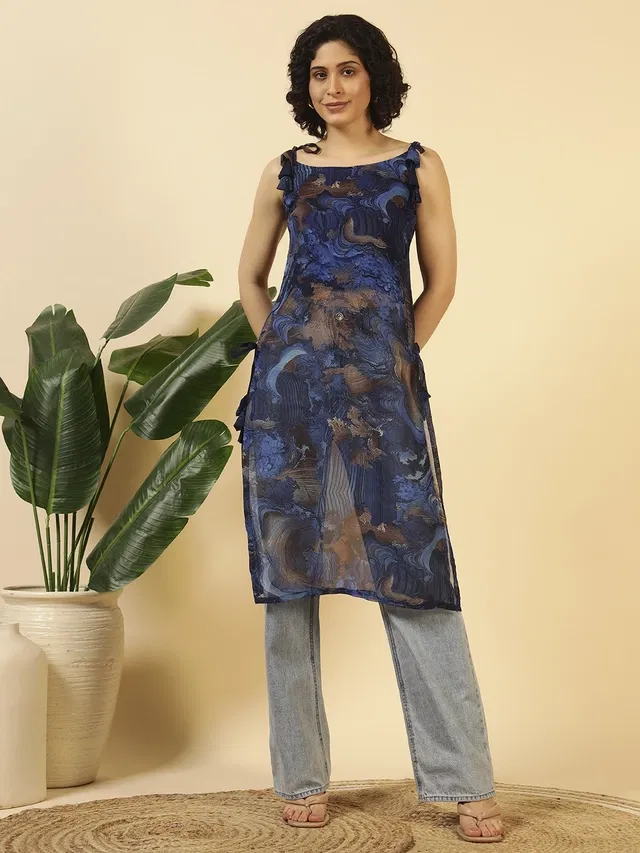 Tie Up Georgette Kurti for Women (Navy Blue, XL)