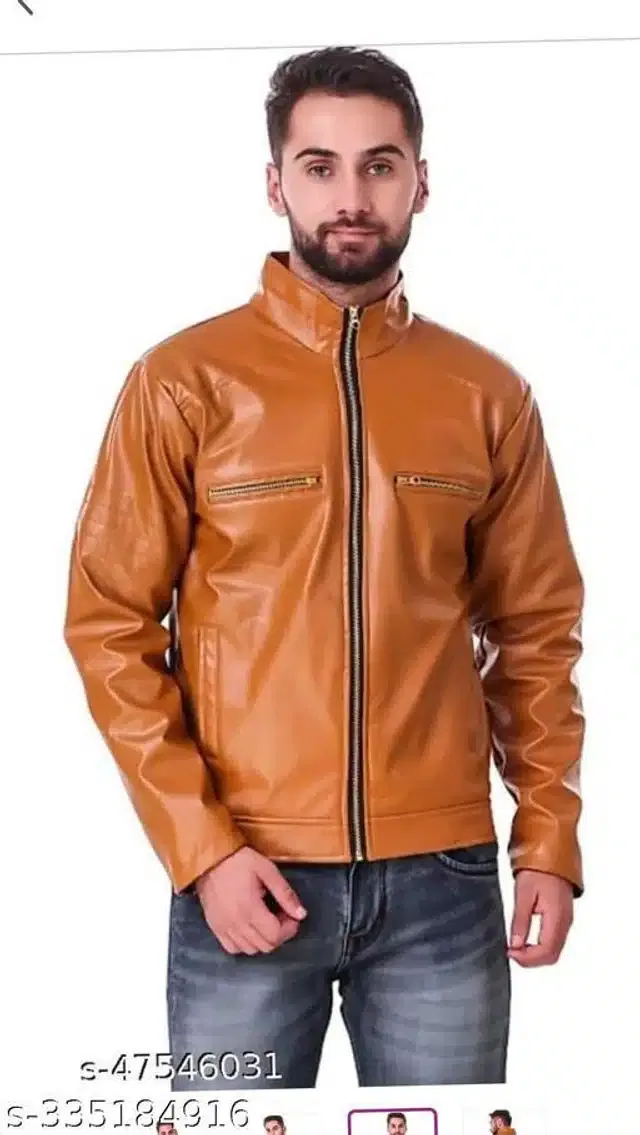 Synthetic Leather Full Sleeves Solid Jacket for Men (Orange, XXL)