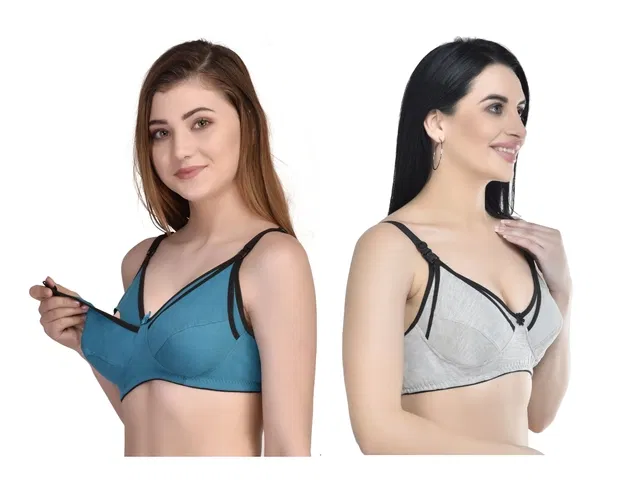 Cotton Blend Solid Non Padded Feeding Bras for Women (Multicolor, 32) (Pack of 2)