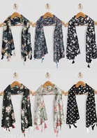 Printed Chiffon Scarves with Tassels for Women, Multicolor, Pack of 6