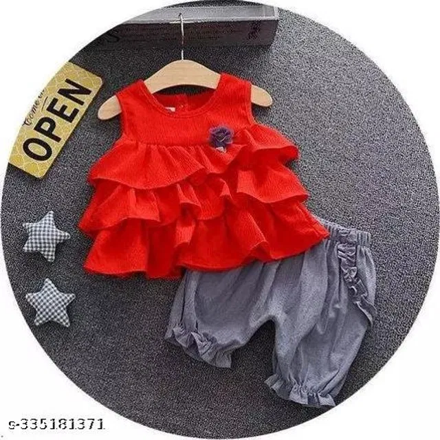 Hosiery Cotton Clothing Set for Girls (Red & Grey, 12-18 Months)