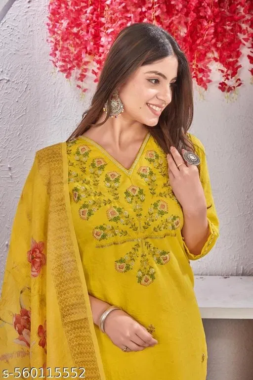 Cotton Silk Kurti With Bottomwear for Women (Yellow, Top M, Bottom L)