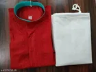 Cotton Solid Kurta Set for Men, White & Red 