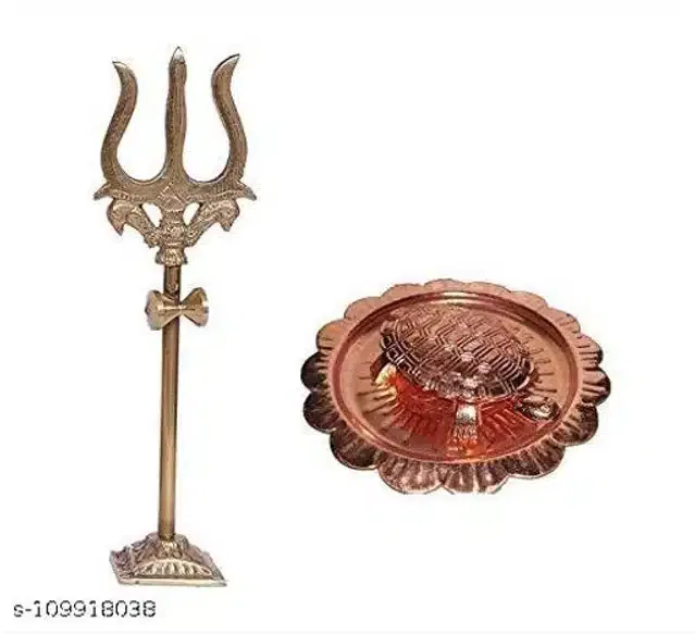 Turtle with Plate & Trishul Showpieces (Brass, Set of 2)