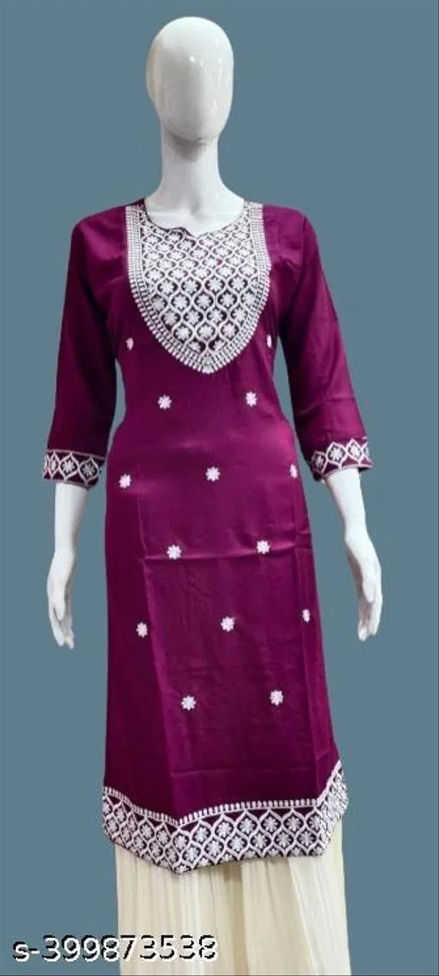 Rayon Slub Embroidered Kurti for Women (Purple, M)